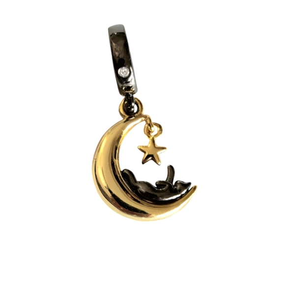 Sterling Silver Black & Gold Cat & Cresent Moon Dangle Pendant Bracelet Charm - Picture 2 of 6